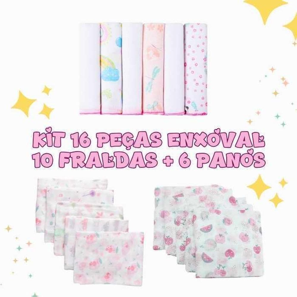 Enxoval Feminino - 10 Fraldas De Pano + 6 Paninhos De Boca