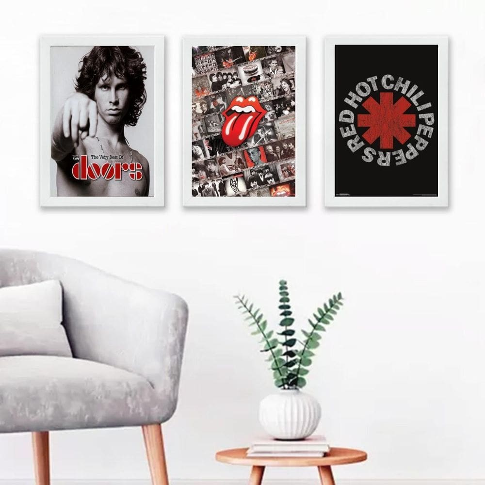 Kit 3 Quadros Bandas de Rock Posters 45x34cm - Moldura Preta
