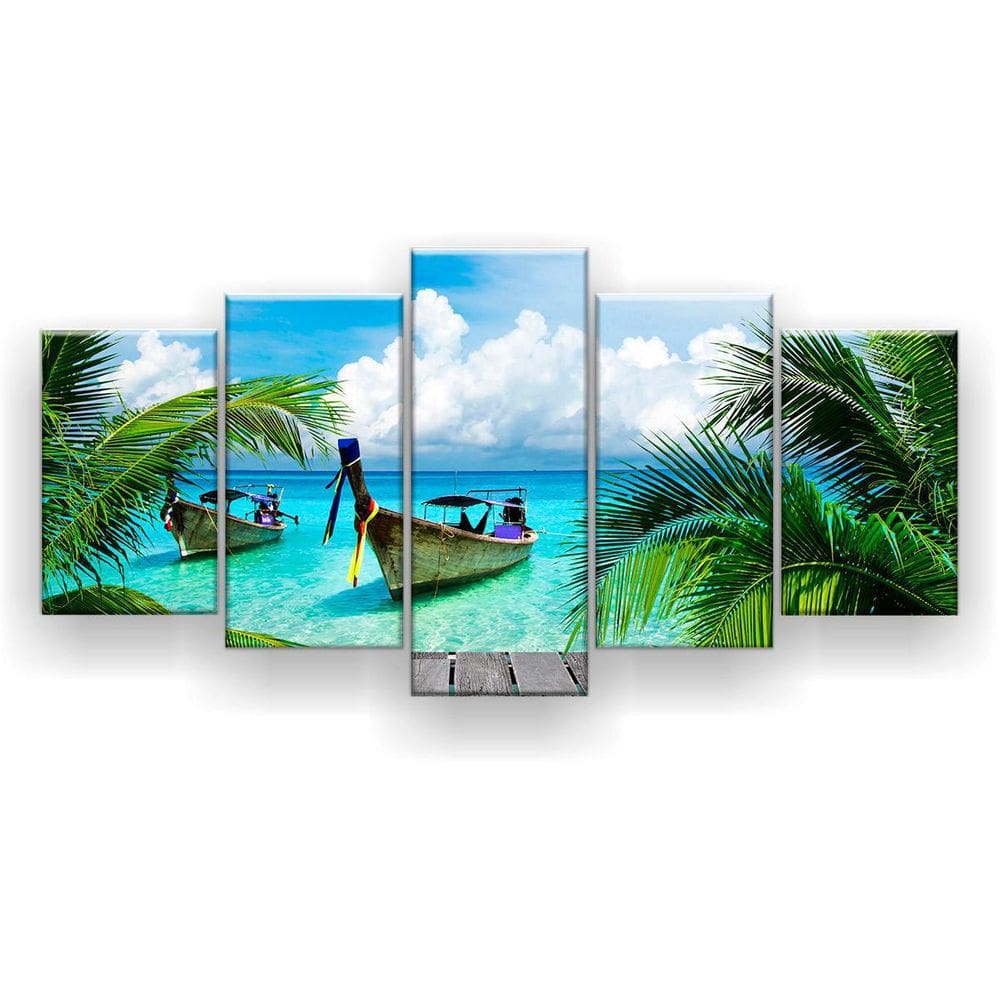 Quadro Decorativo Barco Cais Coqueiro 5 Peças 129x61cm