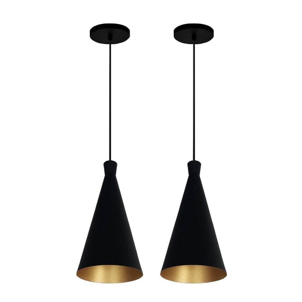 Kit 2 Lustre Pendentes Funil Dixon Canadá Preto Com Dourado
