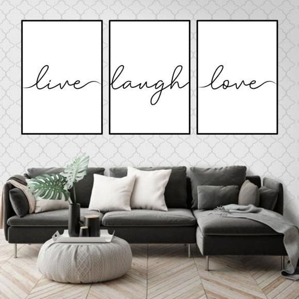 Kit 3 Quadros Live, Laugh, Love 45X34Cm Vidro Moldura Preta