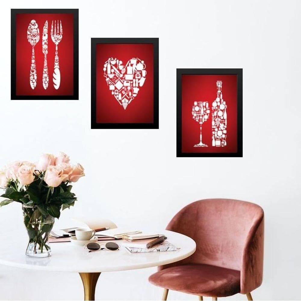 Kit 3 Quadros Para Cozinha Vermelha 24X18Cm