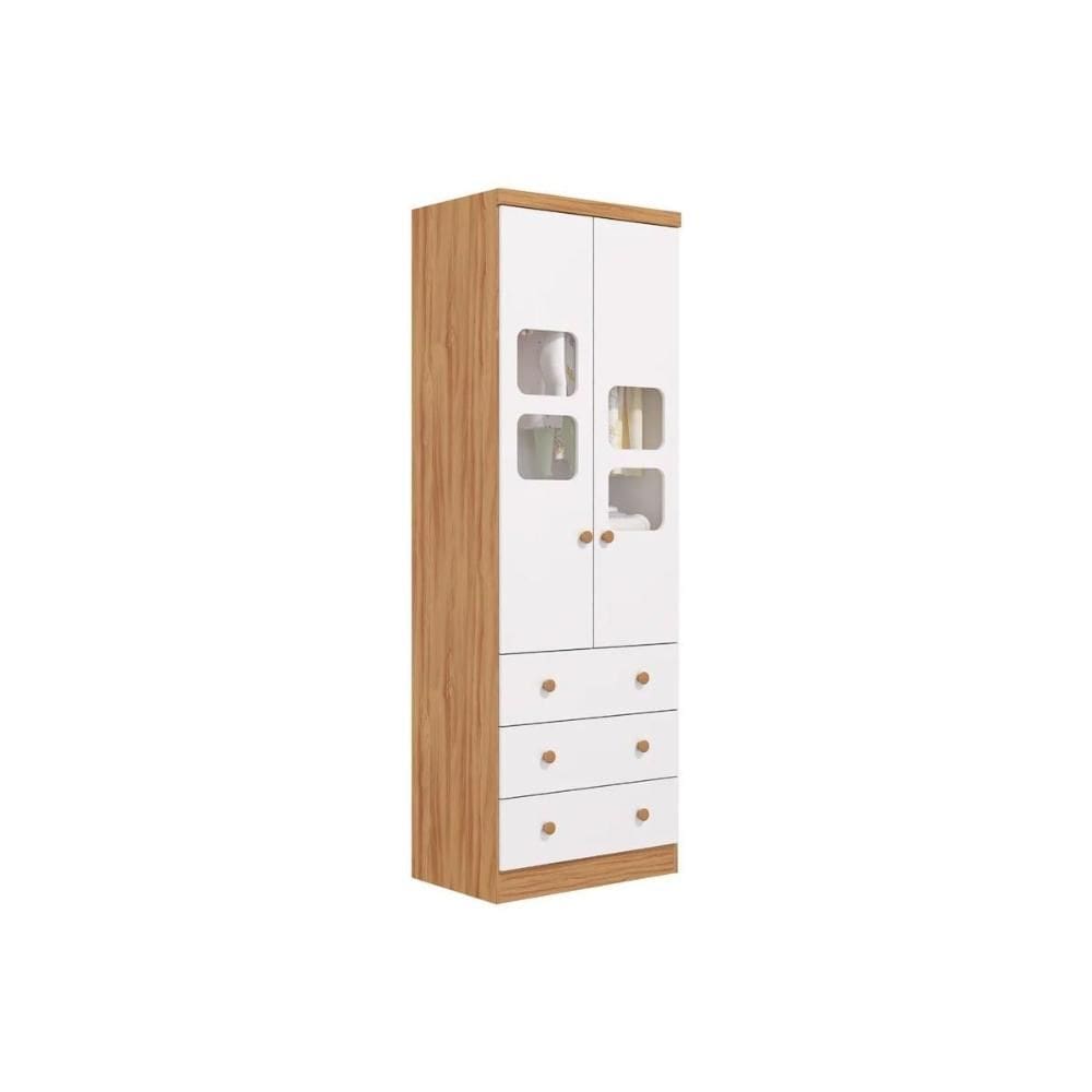 Guarda Roupa 2 Portas c/ Cristal e 3 Gavetas Uli Branco/Amêndoa - Peroba