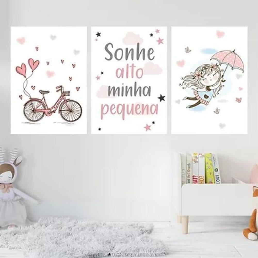 Kit 3 Quadros Quarto Infantil Menina 24X18Cm Madeira Branca