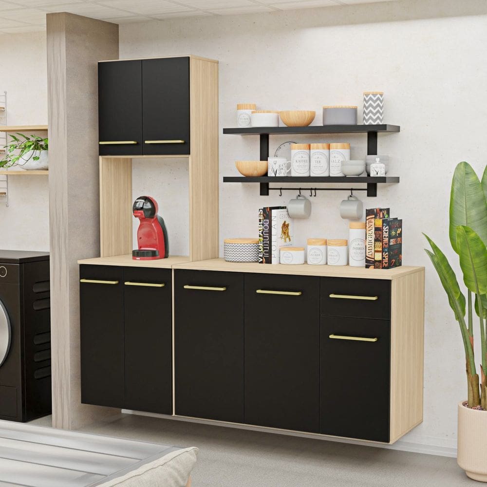 Balcão Auxiliar Torre Quente Suspensa 15cm Cozinha Completa Compacta Aura Dubai/Preto