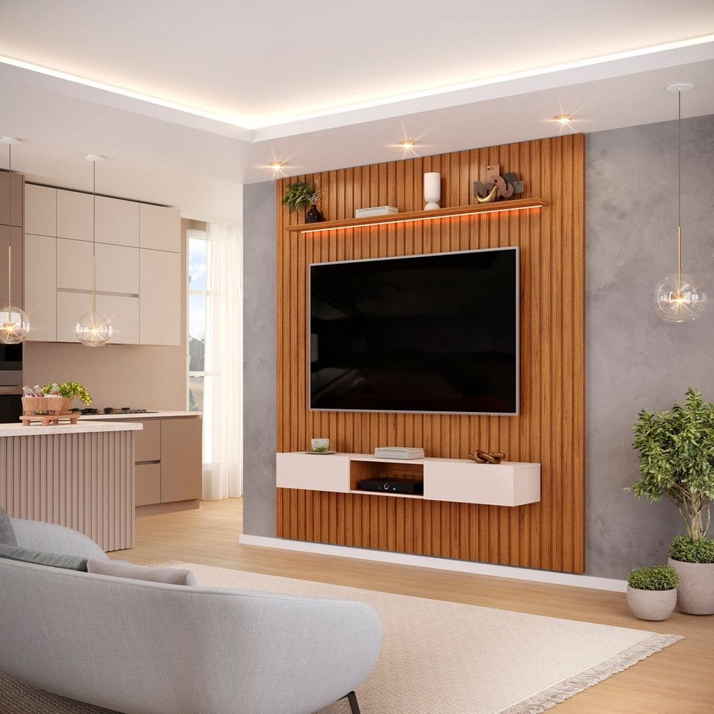 Painel para Tv até 60 Polegadas Ripado com LED 223cm Trento Freijó/Off White