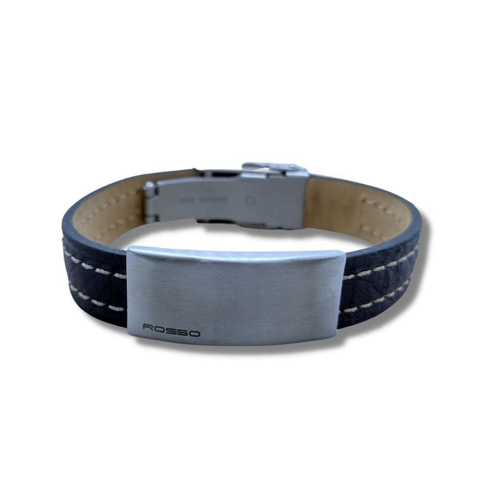 Pulseira Masculina Rosso Em Couro Preto E Aço Fosco