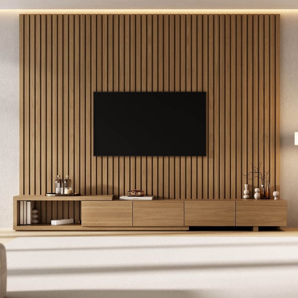 Rack com Painel Ripado para Tv 86 Polegadas 280x250cm Aruá Cabecasa Madeiraoriginals Jatoba