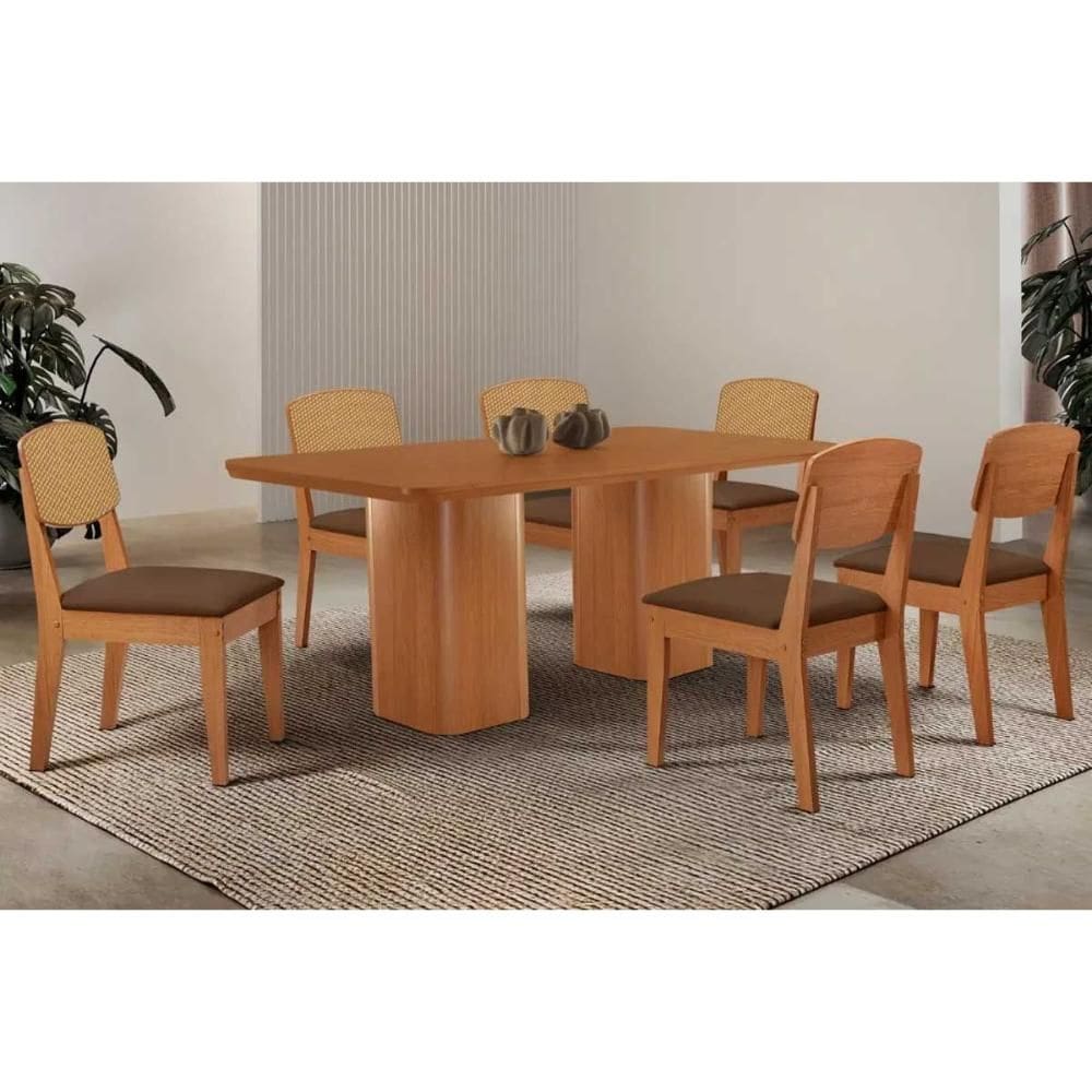 Conjunto: Mesa Sala Jantar Maldivas Curvo 180cm + 6 Cadeiras Havana Naturale - Suede Marrom - Rufato