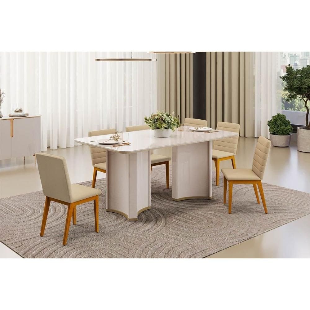 Sala de Jantar Completa Liz c/ Tampo Madeirado c/ Vidro Curvo 180x100cm e 6 Cadeiras Sofia Off White - Ipe/Linho Bege - DJ Móveis