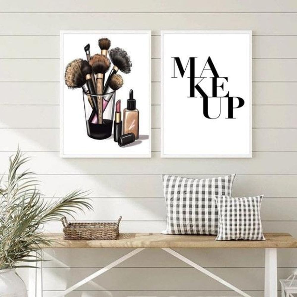 Kit 2 Quadros Maquiagens Makeup 24x18cm Moldura Preta