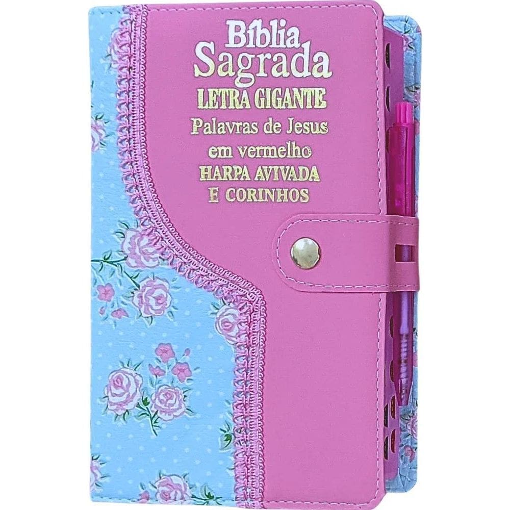 Bíblia Sagrada Letra Gigante Com Harpa Femini Verde-Rosa