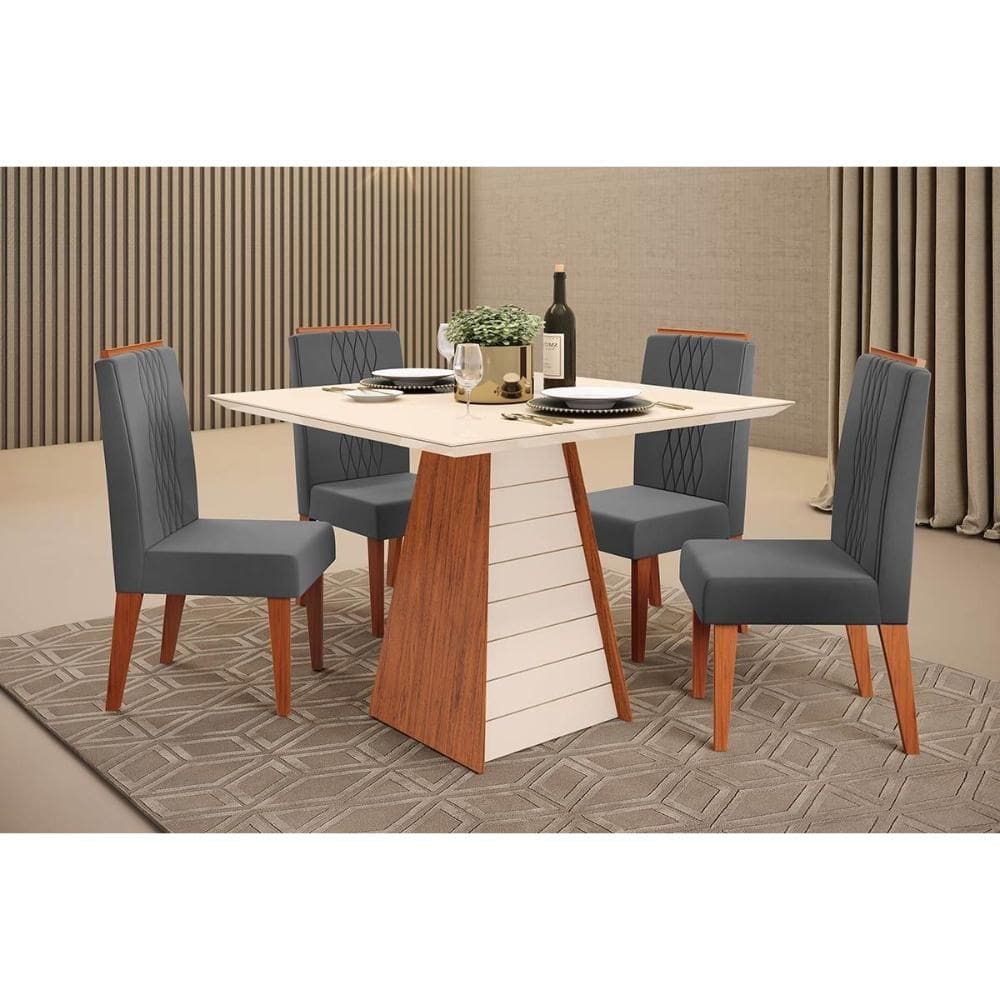 Conjunto: Mesa de Cozinha Fler c/ Tampo Madeirado c/ Vidro 90x90cm e 4 Cadeiras Lia Freijo/Off White - Suede Lunar - DJ Móveis