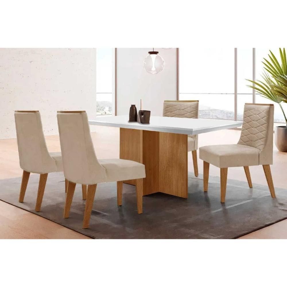 Mesa Cozinha Berlim c/ Tampo Madeirado c/ Vidro Canto Curvo 120x80cm e 4 Cadeiras Maldivas Madeira Maciça Naturale/Off White - Capuccino/Suede Creme-R