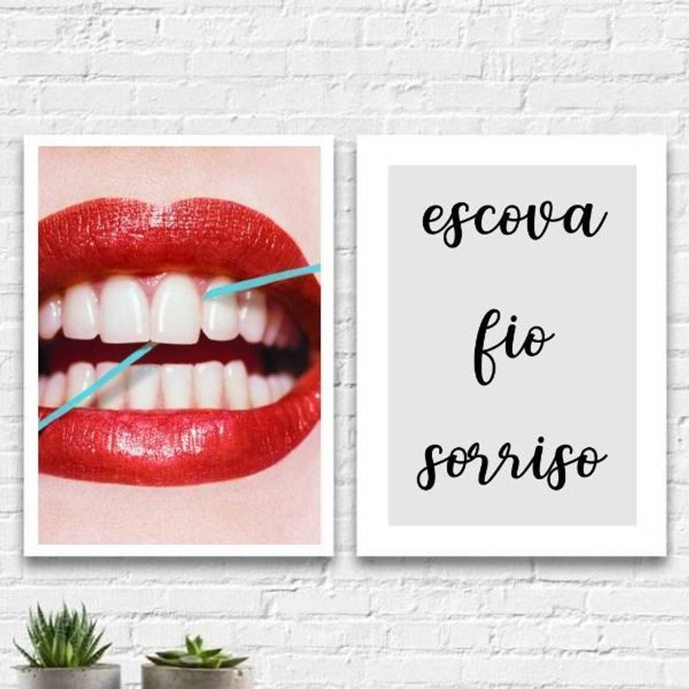 Kit 2 Quadros Para Dentista Escova Fio Sorriso 24X18 Branca