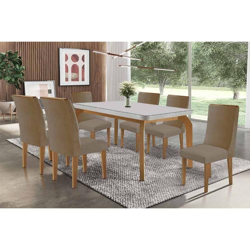 Conjunto Mesa Londrina c/ Tampo Madeirado c/ Vidro Canto Curvo 180x90cm e 6 Cadeiras Dakota Madeira Maciça Naturale/Off White - Capuccino/Linho Bege-R