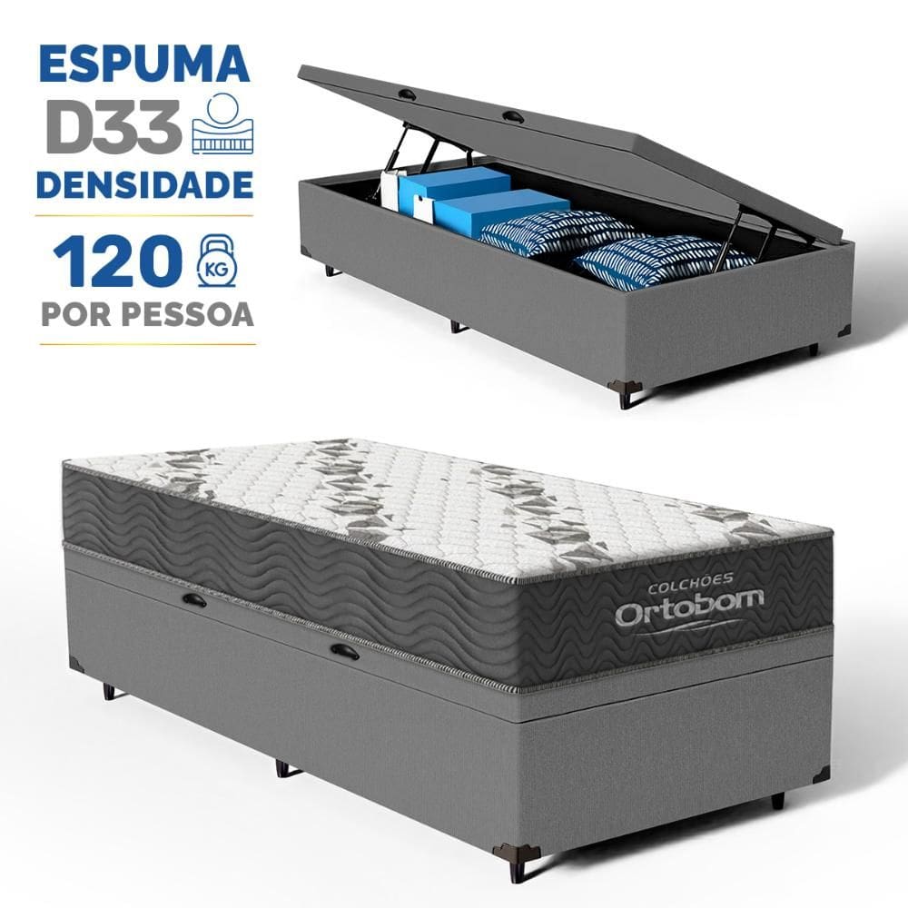 Cama Box Baú com Colchão Ortobom de Espuma D33 Airtech 100 Solteiro 78cm