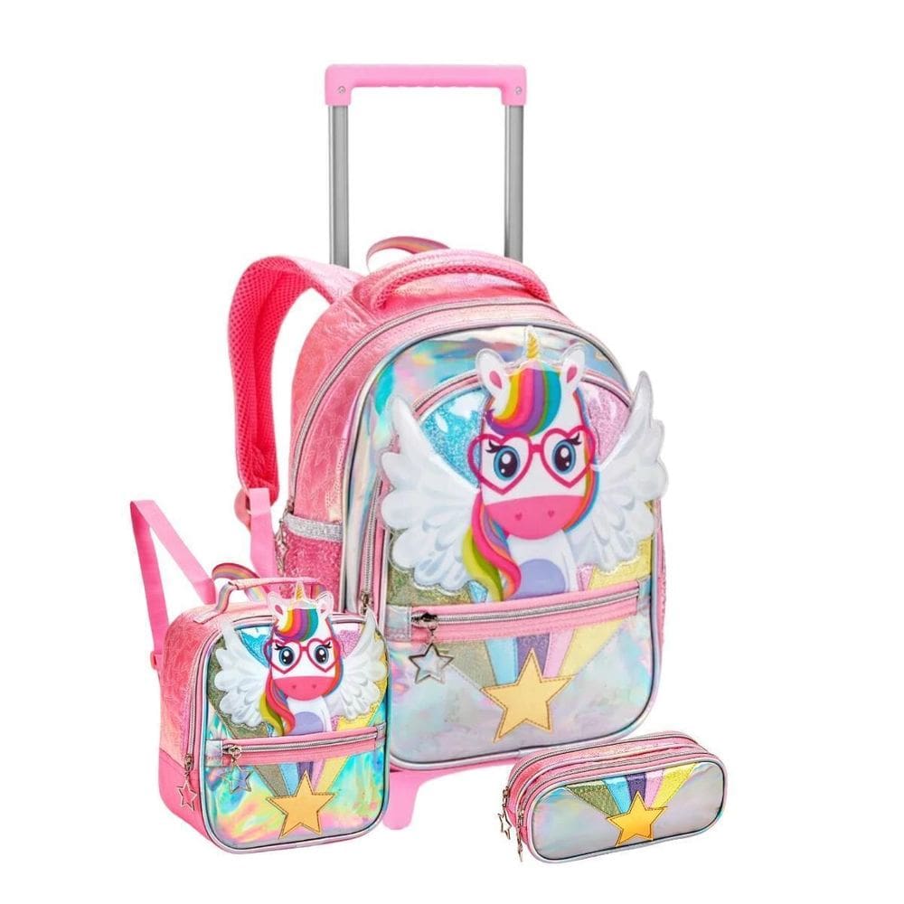 Kit Mochila Rodinha 16 Unicórnio Lancheira Térmica Estojo