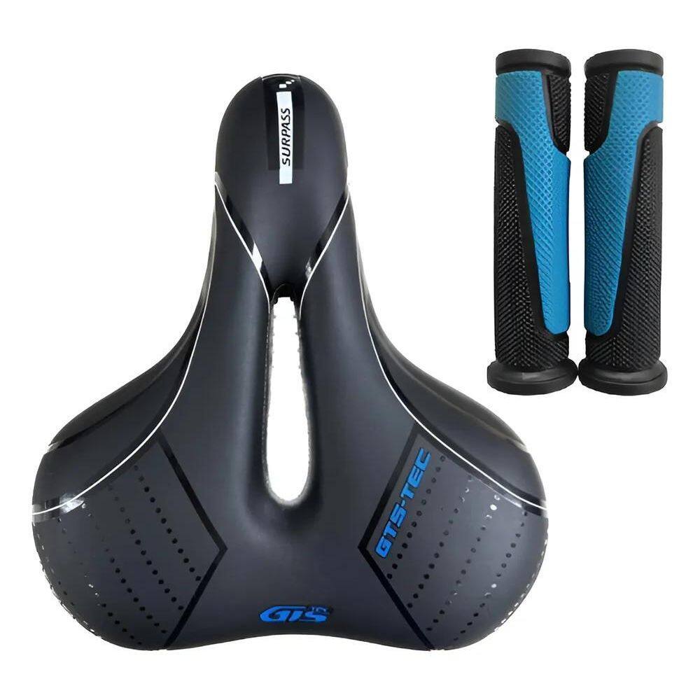 Kit Selim Sela Bike Largo Macio Gts Vazado Com Mano Azul