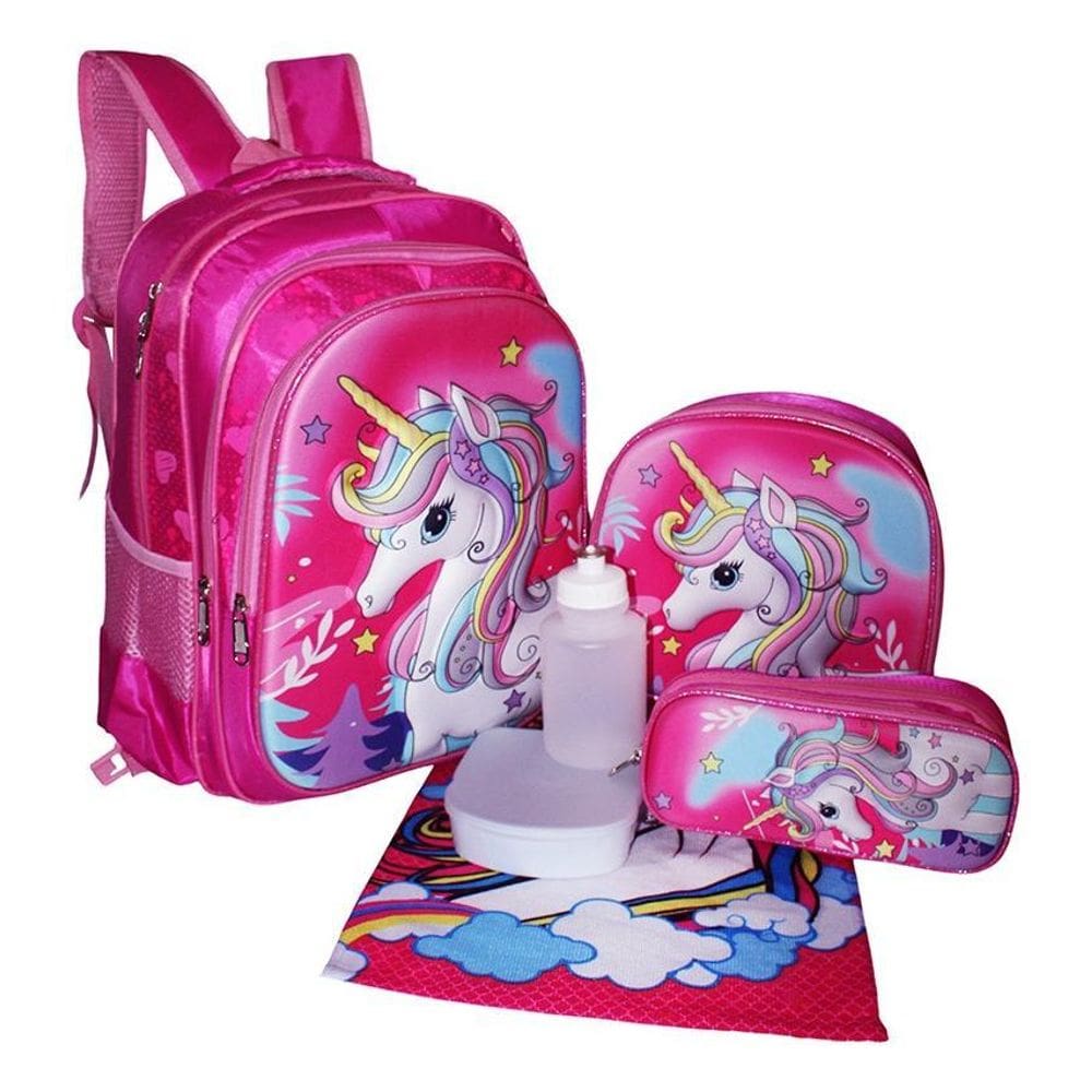 Kit Mochila Unicórnio 3D Feminina Escolar Costas Lancheira