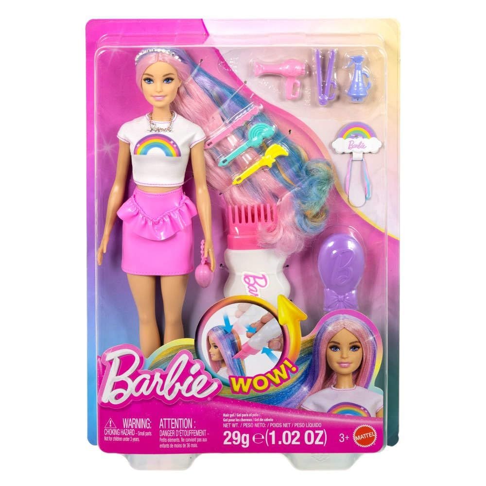 Boneca Barbie Cabelo Arco-Íris Brilhante com 12 Acessórios