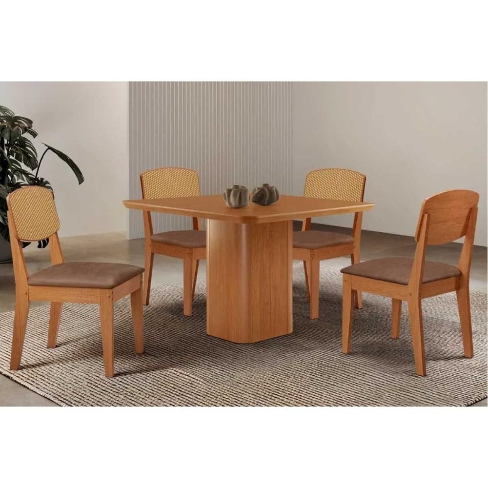 Conjunto: Mesa de Cozinha Maldivas Curvo 90cm + 4 Cadeiras Havana Naturale - Corano Capuccino - Rufato