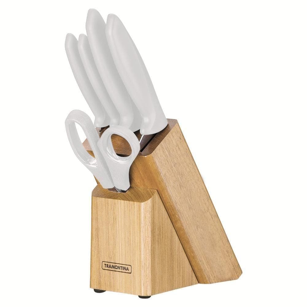 Jogo Facas Cozinha Cepo Cabo Branco 6pçs Plenus Tramontina