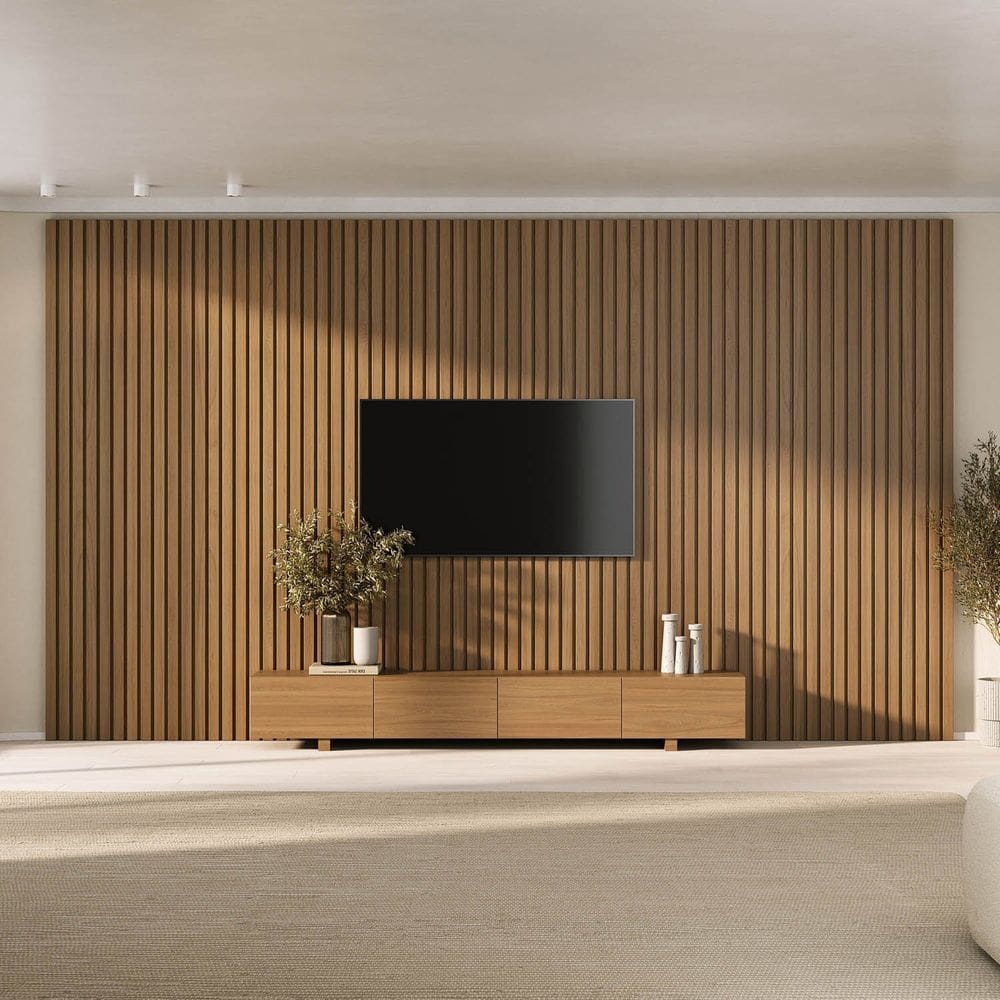 Rack Liso com Painel Ripado para Tv até 86 Polegadas 400x250cm Aruá Cabecasa Madeiraoriginals Jatoba