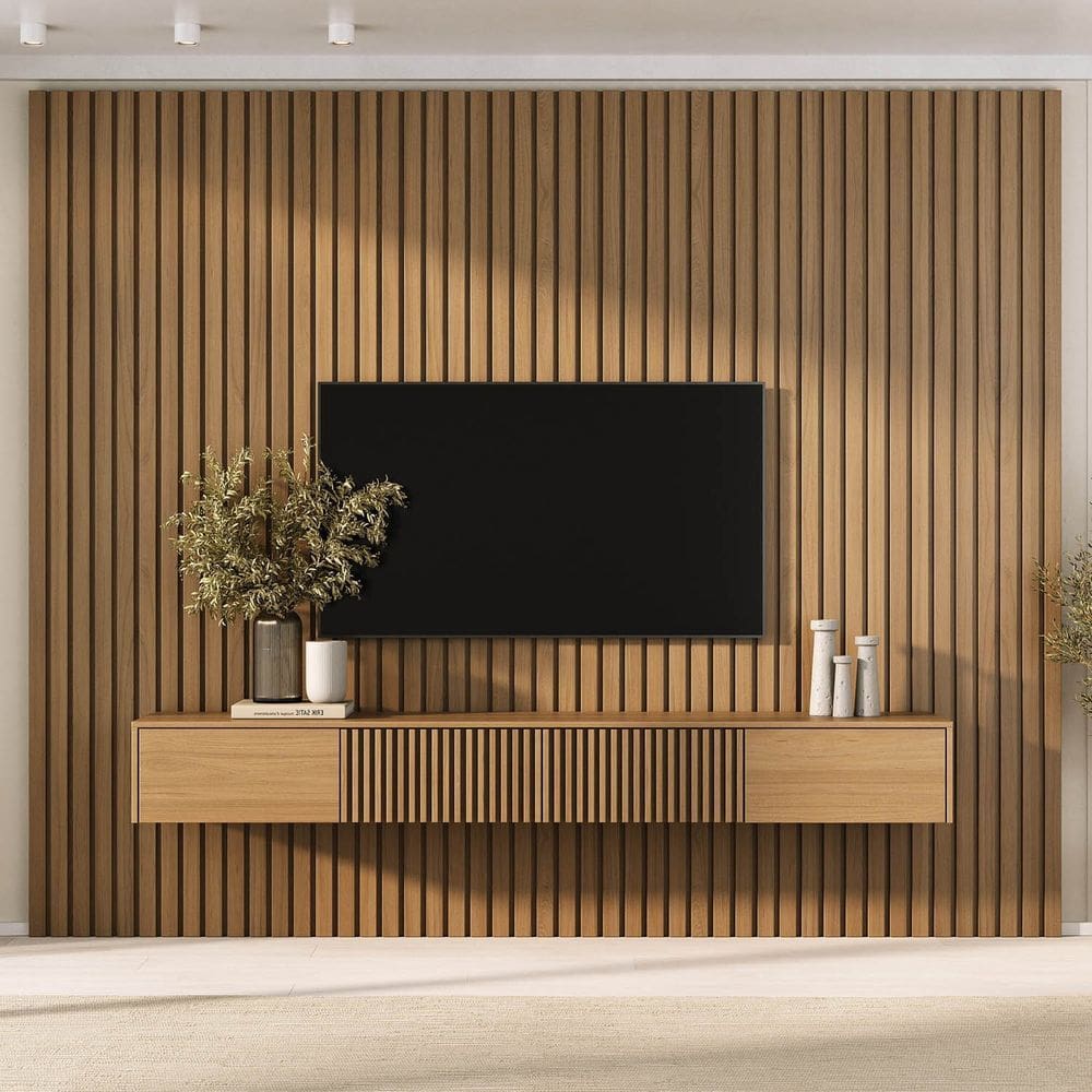 Rack Ripado com Painel Ripado para Tv até 86 Polegadas 280x230cm Aruá Cabecasa Madeiraoriginals Jatoba