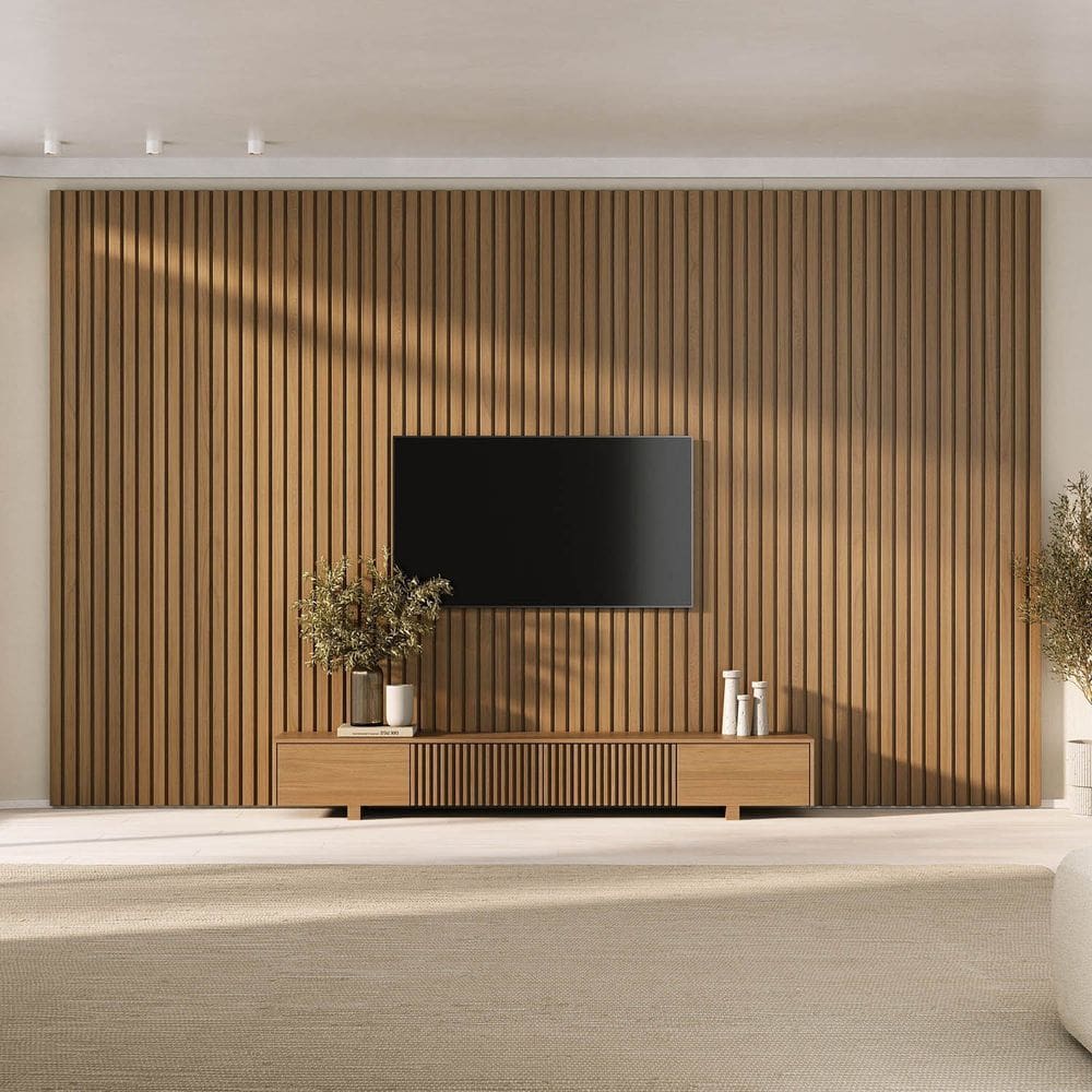 Rack Ripado com Painel Ripado para Tv até 86 Polegadas 400x230cm Aruá Cabecasa Madeiraoriginals Jatoba