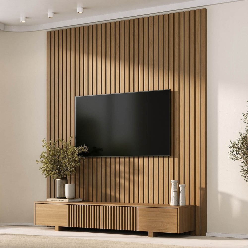 Rack Ripado com Painel Ripado para Tv até 75 Polegadas 200x250 Aruá Cabecasa Madeiraoriginals Jatoba