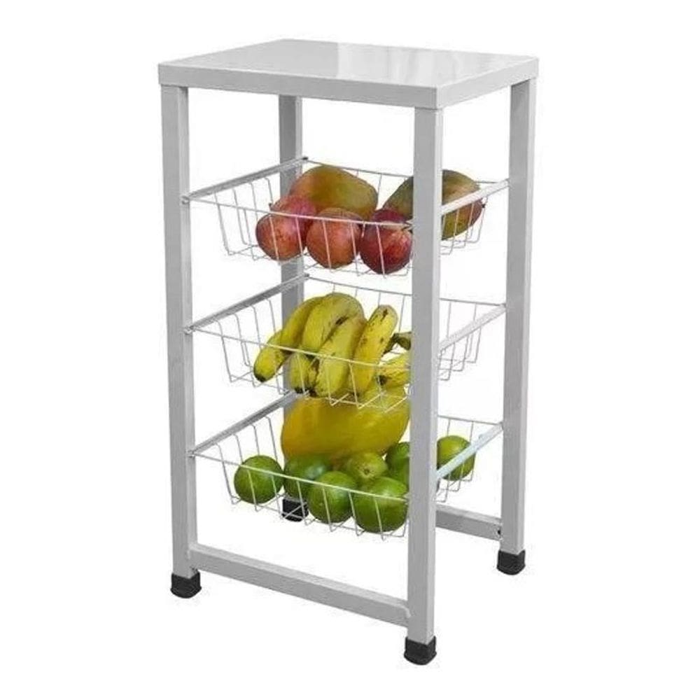 Fruteira Cozinha Aço Chão Cestos Triplos Retangular Branco