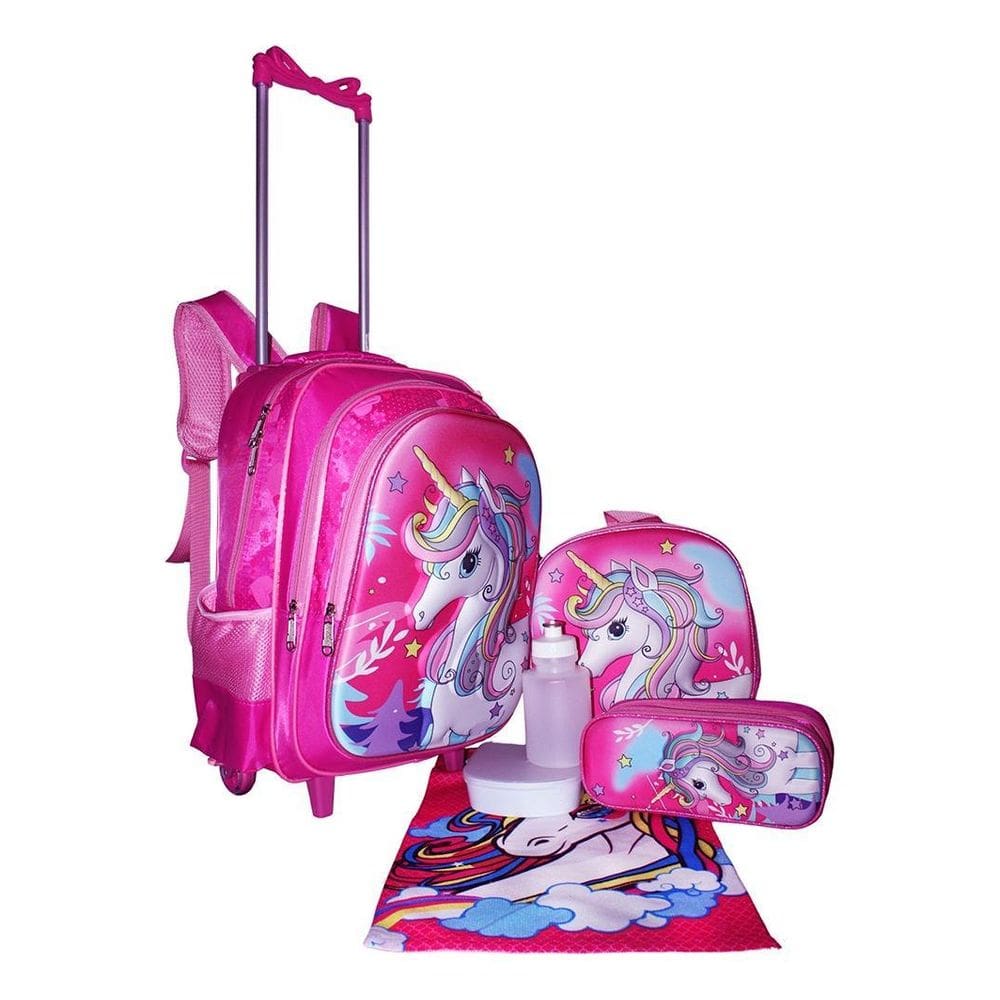 Kit Mochila Unicórnio Infantil Feminina 3D Lancheira Rodinha