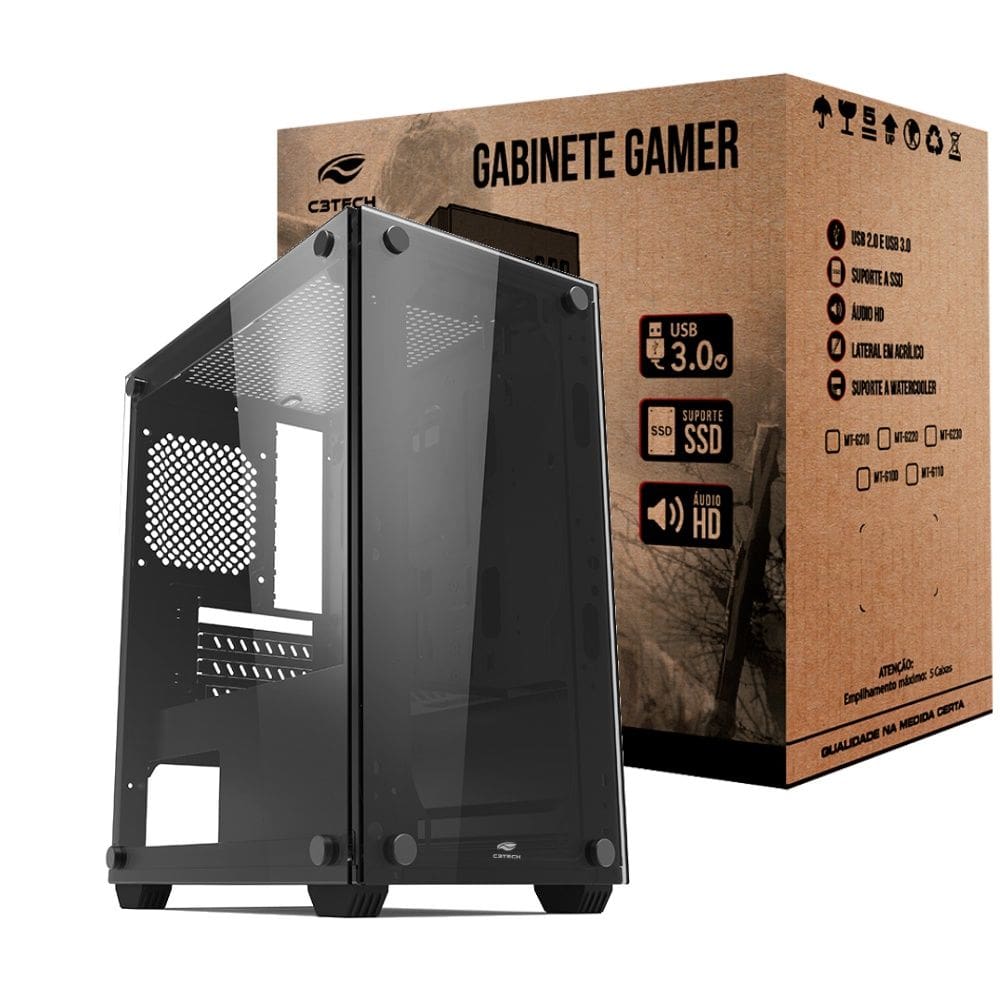 Gabinete Gamer C3Tech MT-G110BK, Mid Tower, Vidro Temperado, Filtro Antipoeira, Organizador De Cabos, S/Fonte - Preto