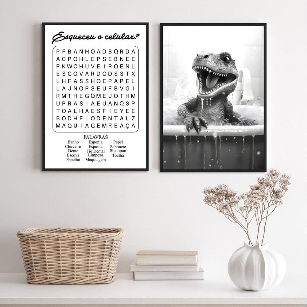 Kit 2 Quadros Banheiro Infantil - Dinossauro 24X18Cm - Vidro