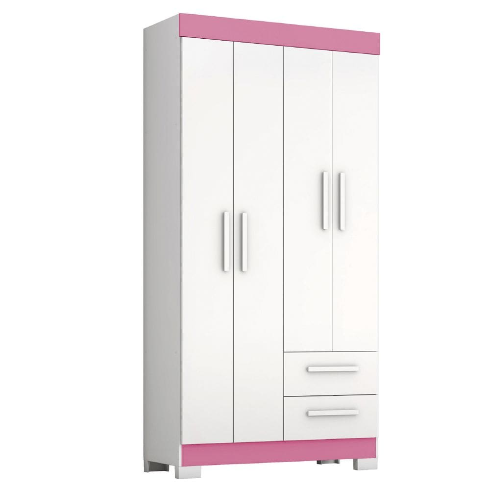 Guarda Roupas Solteiro Juvenil 4 Portas 2 Gavetas Malta Branco / Rosa Notável