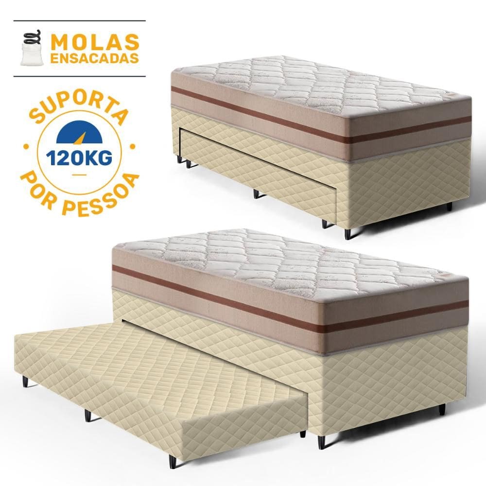 Cama Box com Colchão de Classic Molas Ensacadas + Auxiliar de Espuma Unique Solteiro 88cm