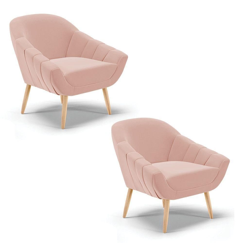 Kit 02 Poltronas Giovana Veludo Rosê Pés Palito Natural D03 - D`rossi