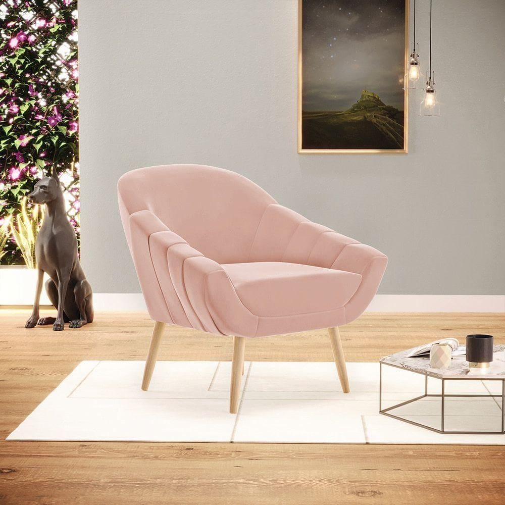 Poltrona Giovana Veludo Rosê Pés Palito Natural D03 - D`rossi