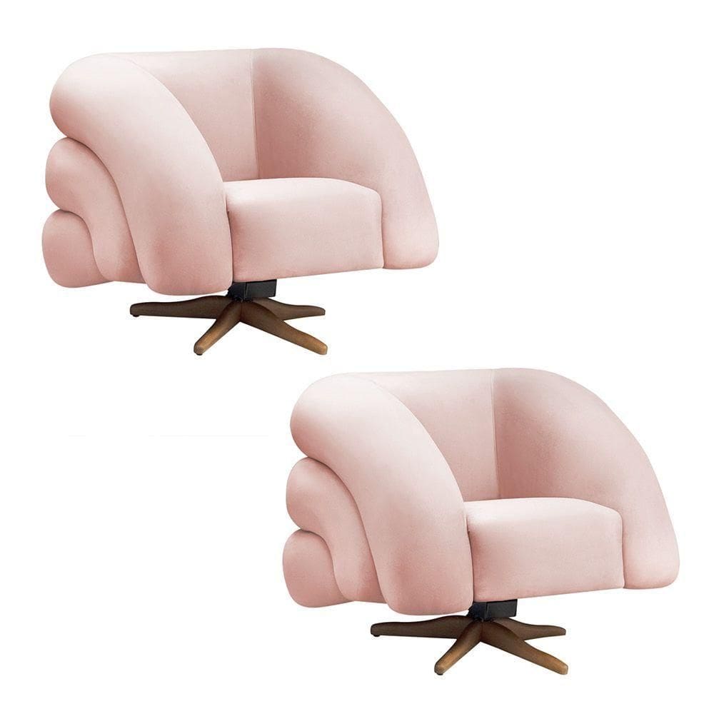Poltrona Giratória Orgânica Com Balanço Kit 2 Tana Bouclê E03 - D`rossi Cor Rose