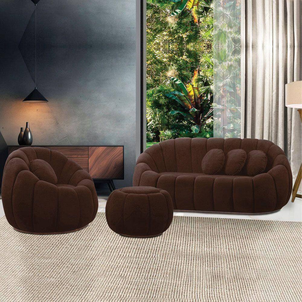 Sofá 2 Lugares Com Puff E Poltrona Giratória Orgânica Cloud Bouclê E03 - D`rossi Cor Marrom