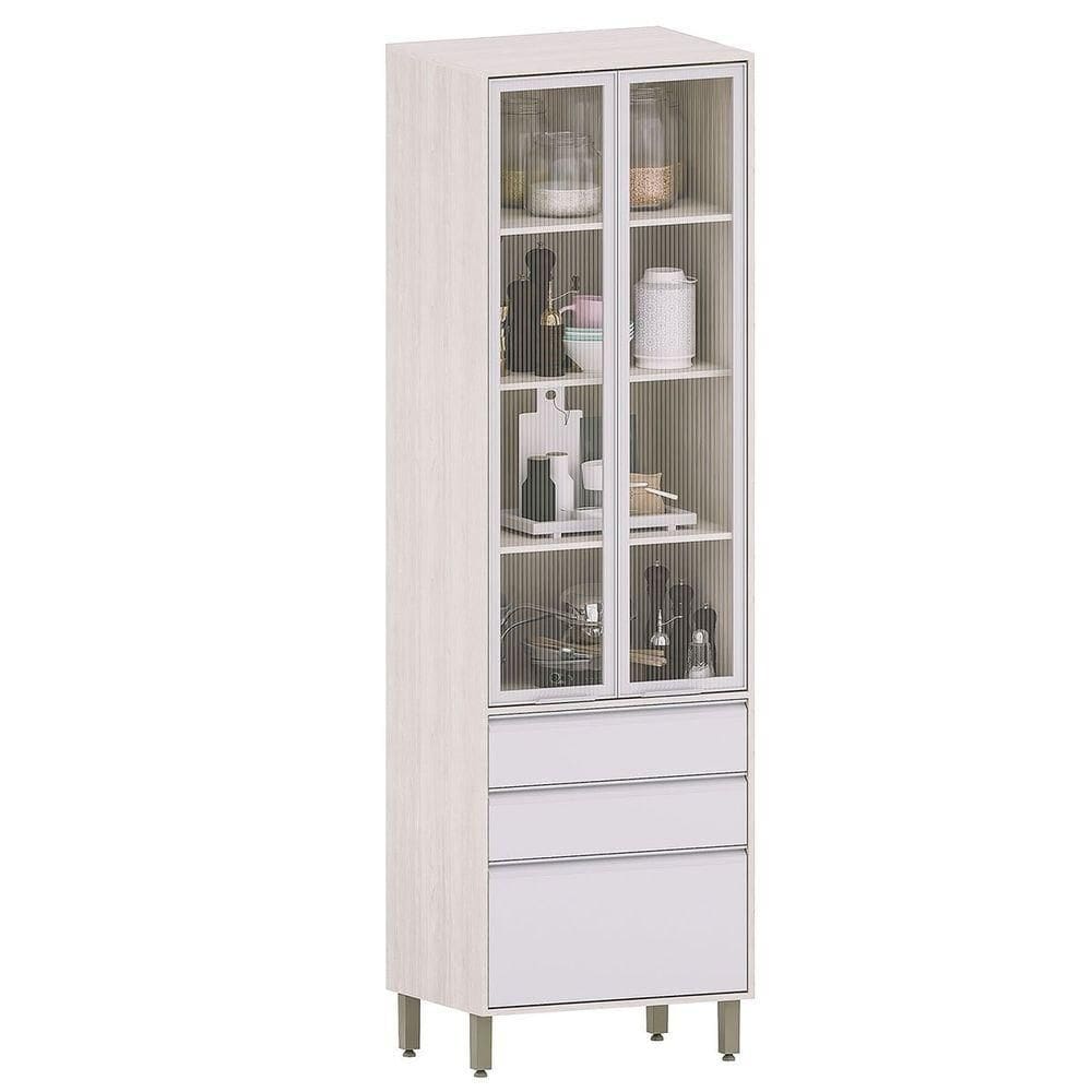 Paneleiro Alto Para Cozinha Com Portas De Vidro Atenas Cinza Cristal/vidro Canelado