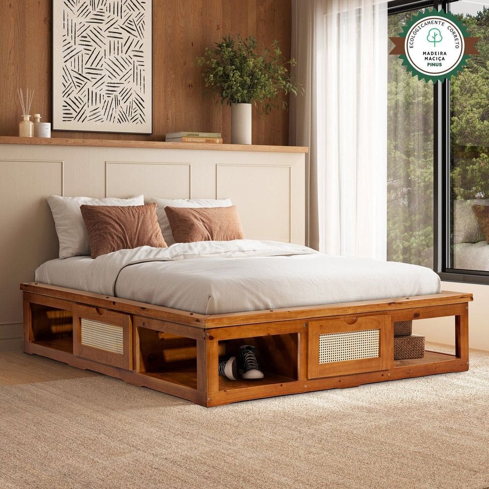 Cama Queen 3 Gavetas 100% Madeira Maciça Pinus Ws Castanho Claro