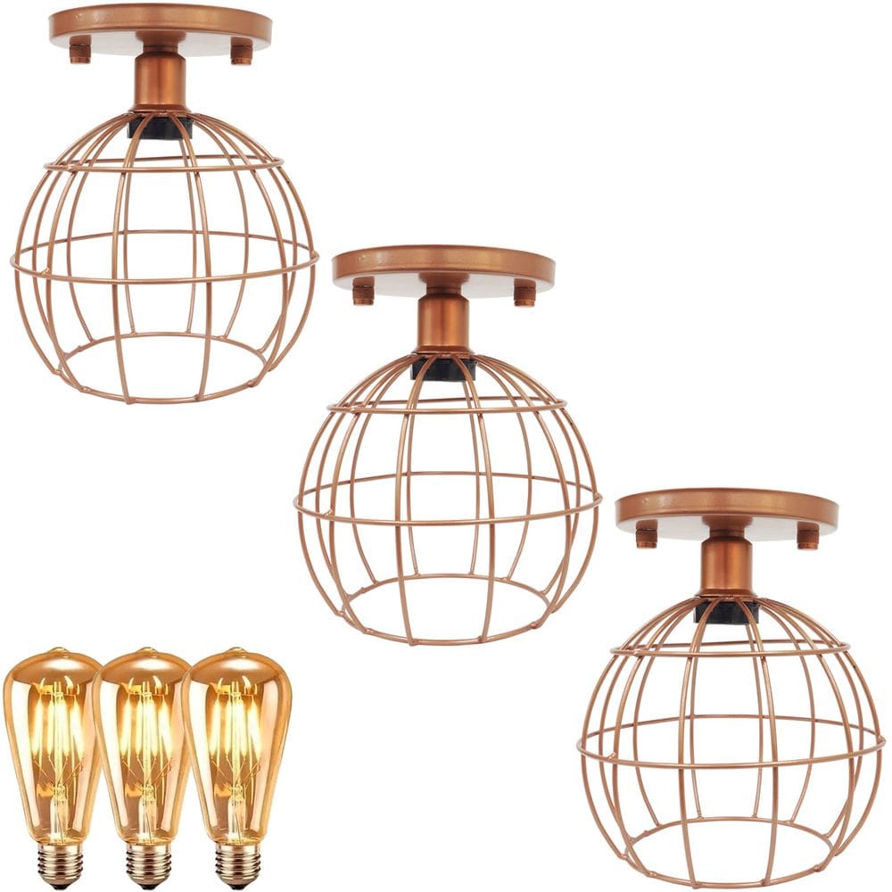 3 Lustre Teto Plafon + 3 Lâmpada Led St64 Industrial Aramado Globo Retrô Vintage Cobre Rose Gold