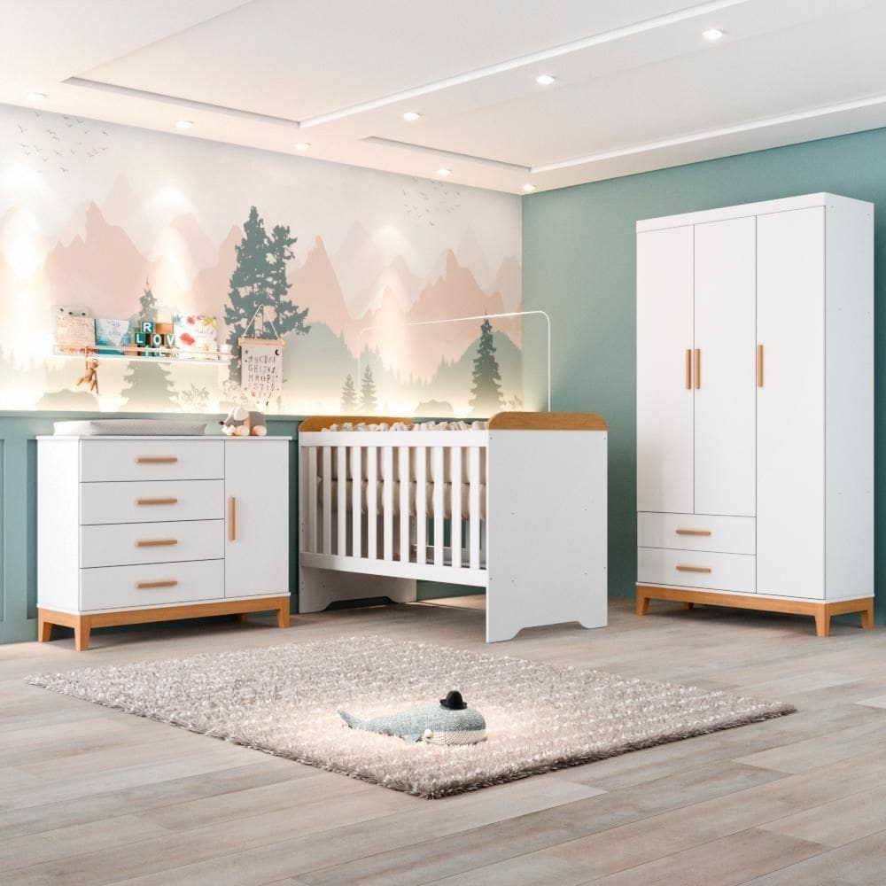 Quarto De Bebê Completo Berço 3 Em 1 Cômoda Infantil Guarda Roupa Branco Carolina Baby