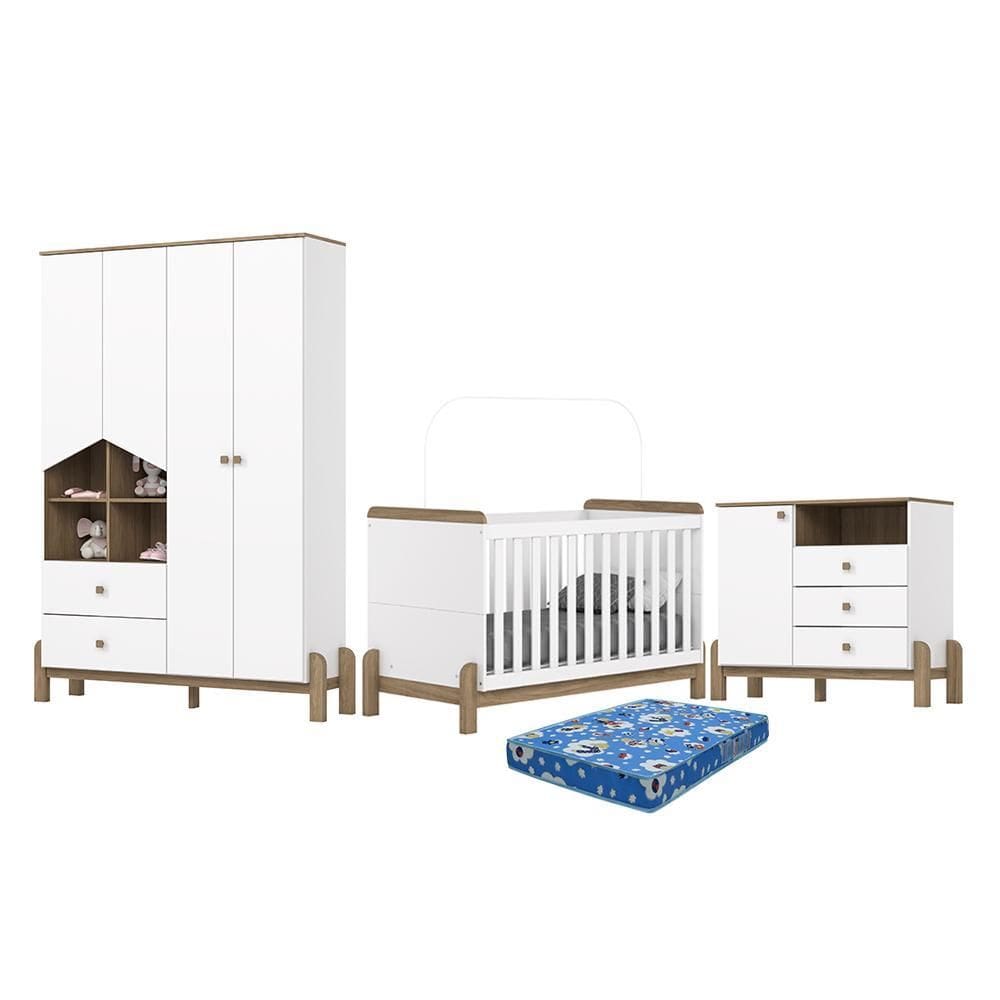 Dormitório Infantil Ternura Guarda Roupa, Cômoda e Berço com Colchão Physical - Móveis Henn