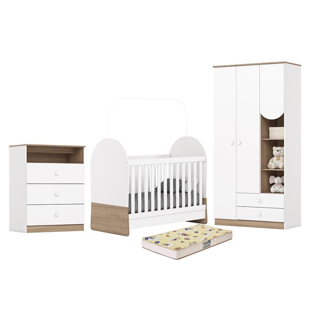 Dormitório Infantil Magia Guarda Roupa, Cômoda e Berço com Colchão Supreme - Móveis Henn