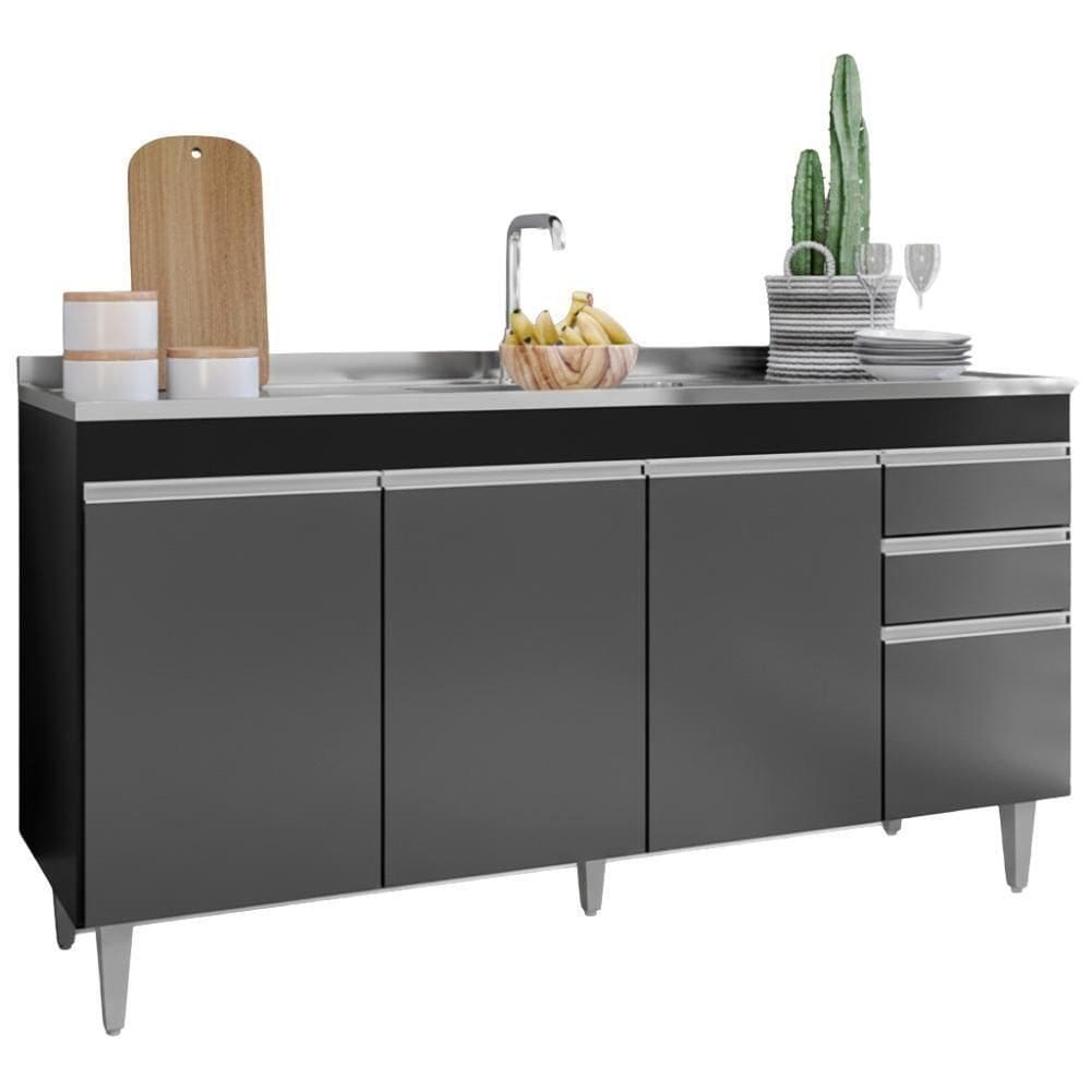 Balcao Para Pia 4 Portas 2 Gavetas Bp 160 Cm Lorena Preto Grafite