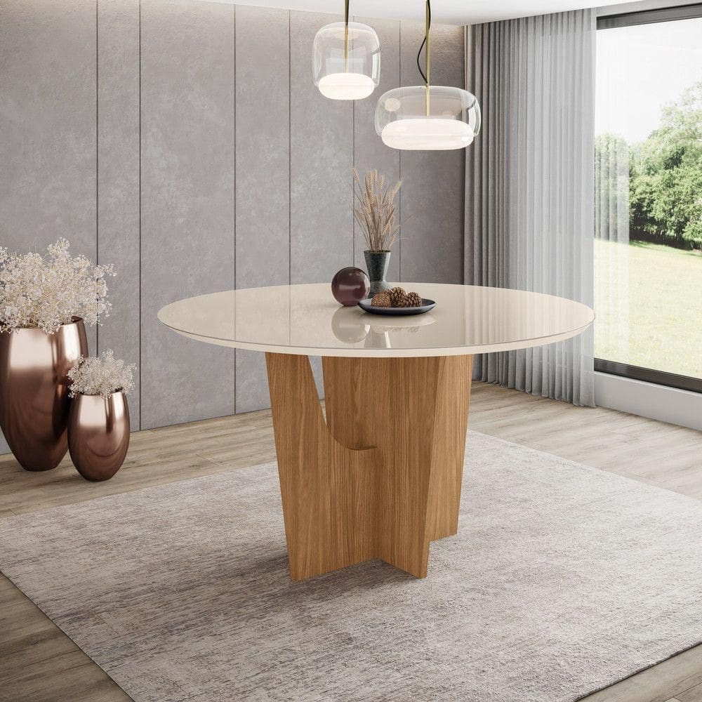 Mesa Vertice Para 6 Lugares Tampo De 140cm Redonda Com Vidro Nature Com Off White