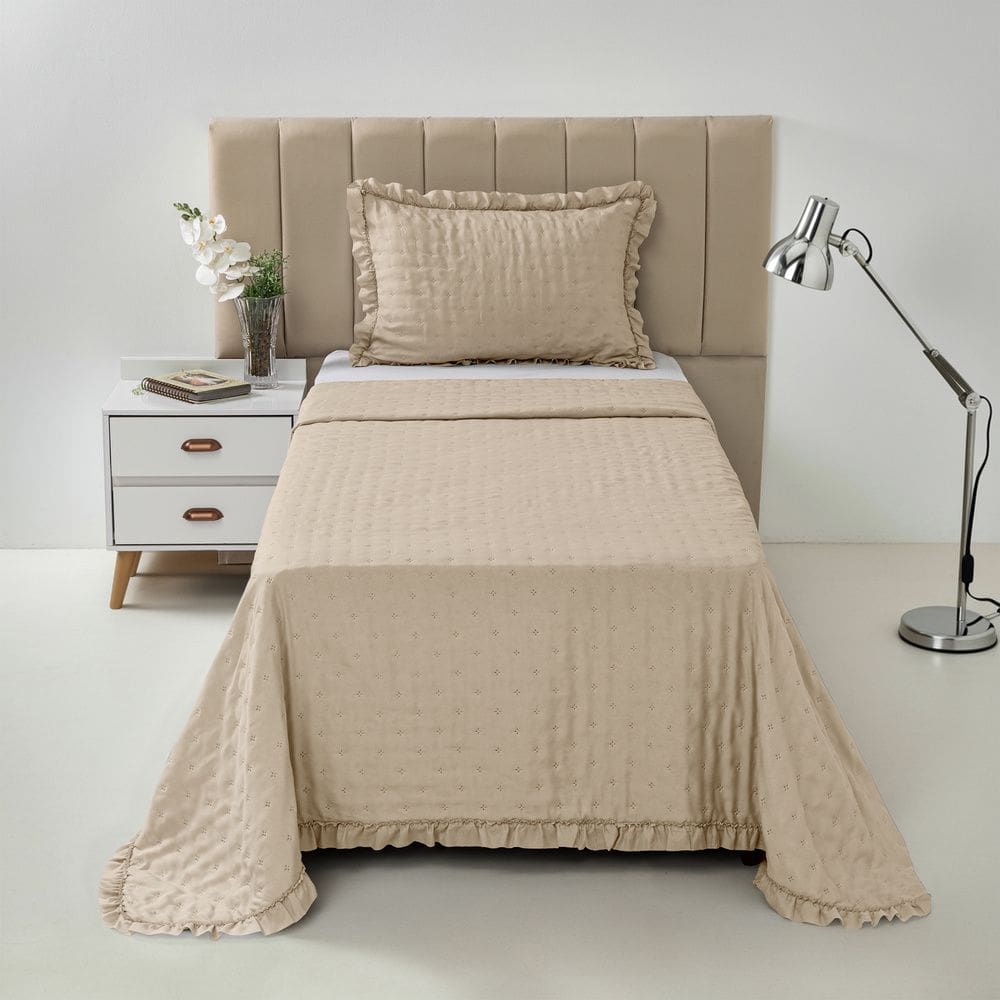 Kit Colcha Cobre Leito 200 fios Solteiro 2 Peças Bella Bege